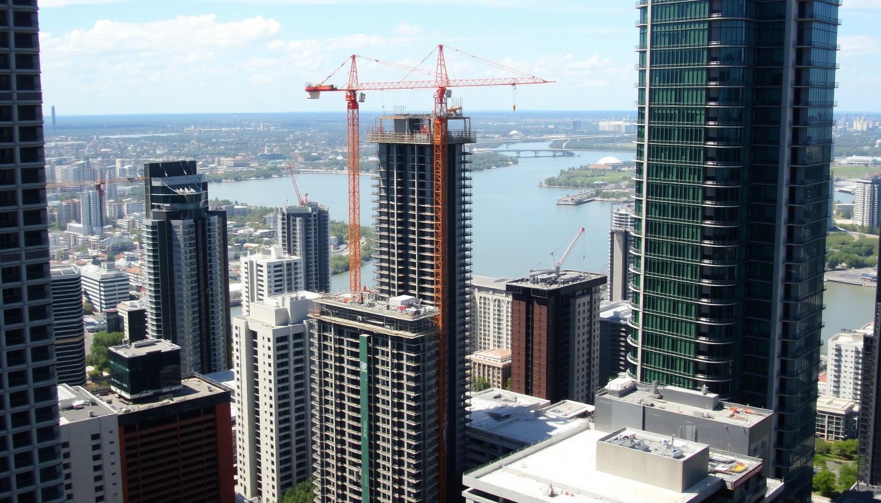 High-rise construction site in Brisbane with river in background