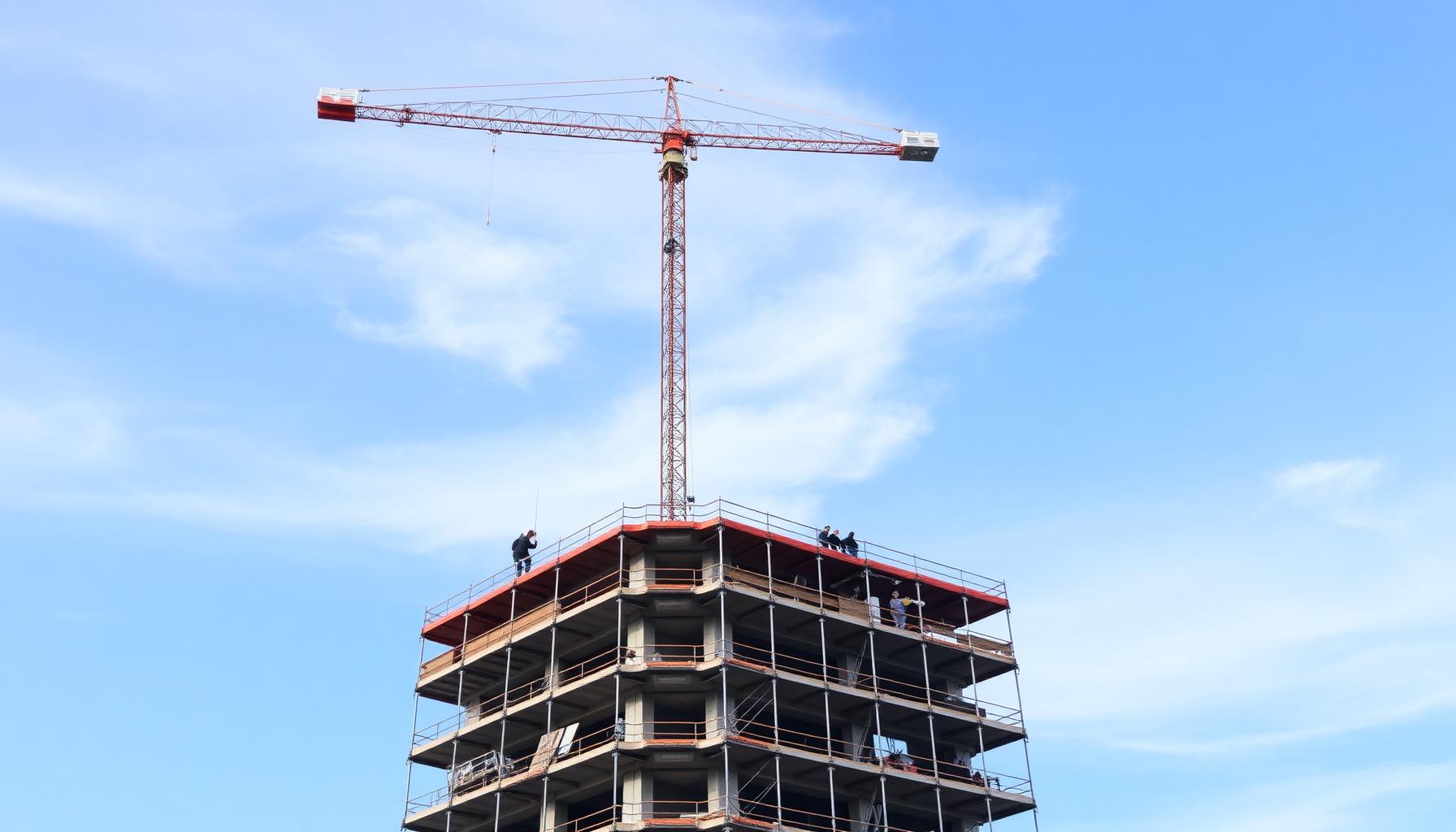 Multi-story commercial building under construction with crane