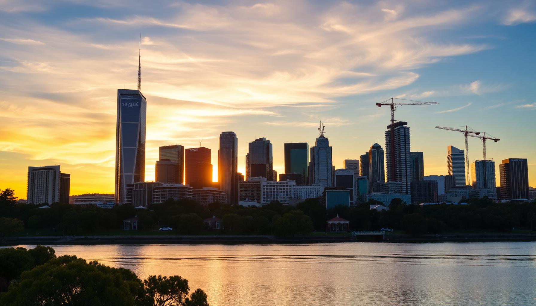Perth city skyline at sunset with construction cranes