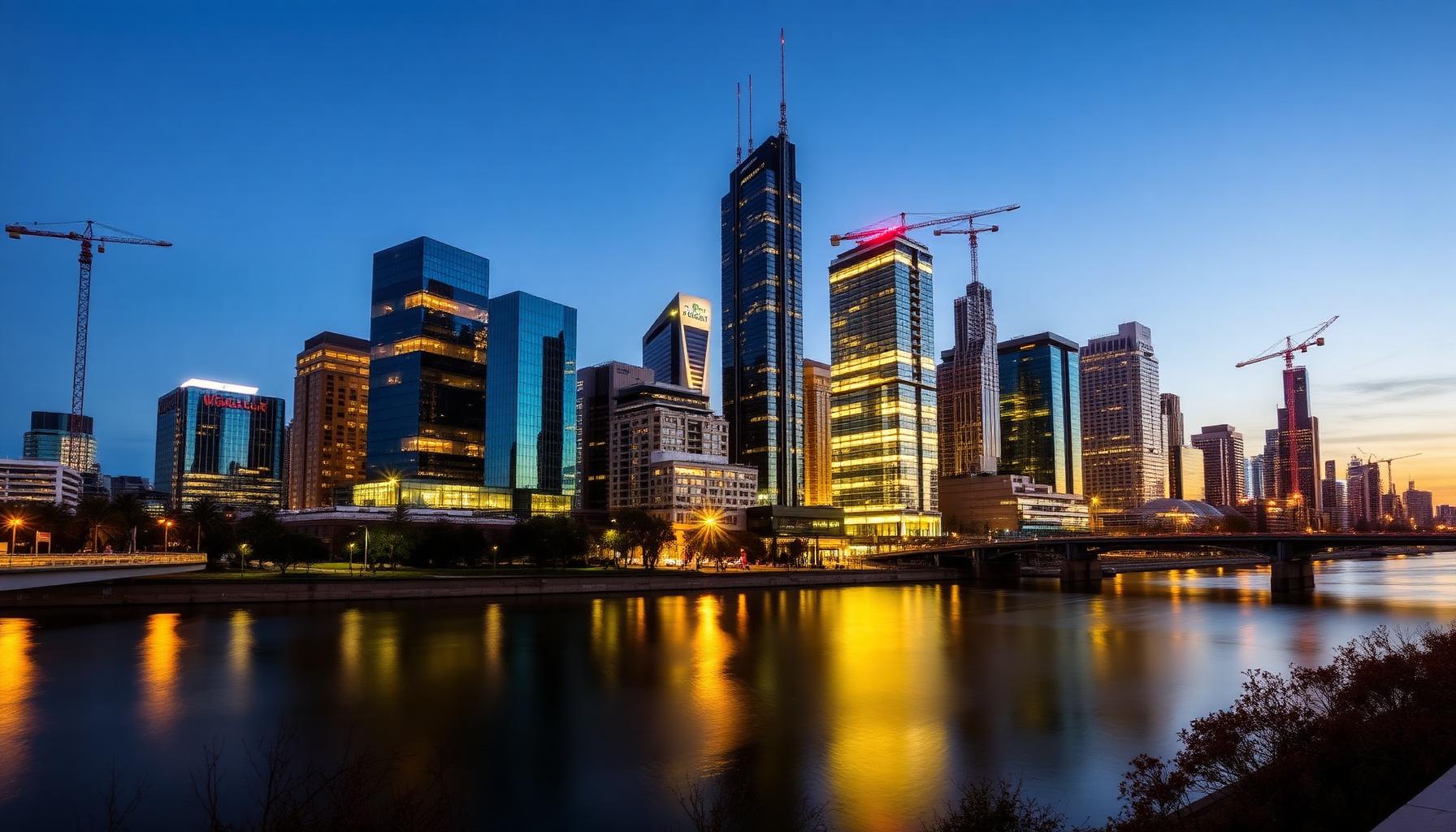 Melbourne CBD skyline at dusk with construction cranes