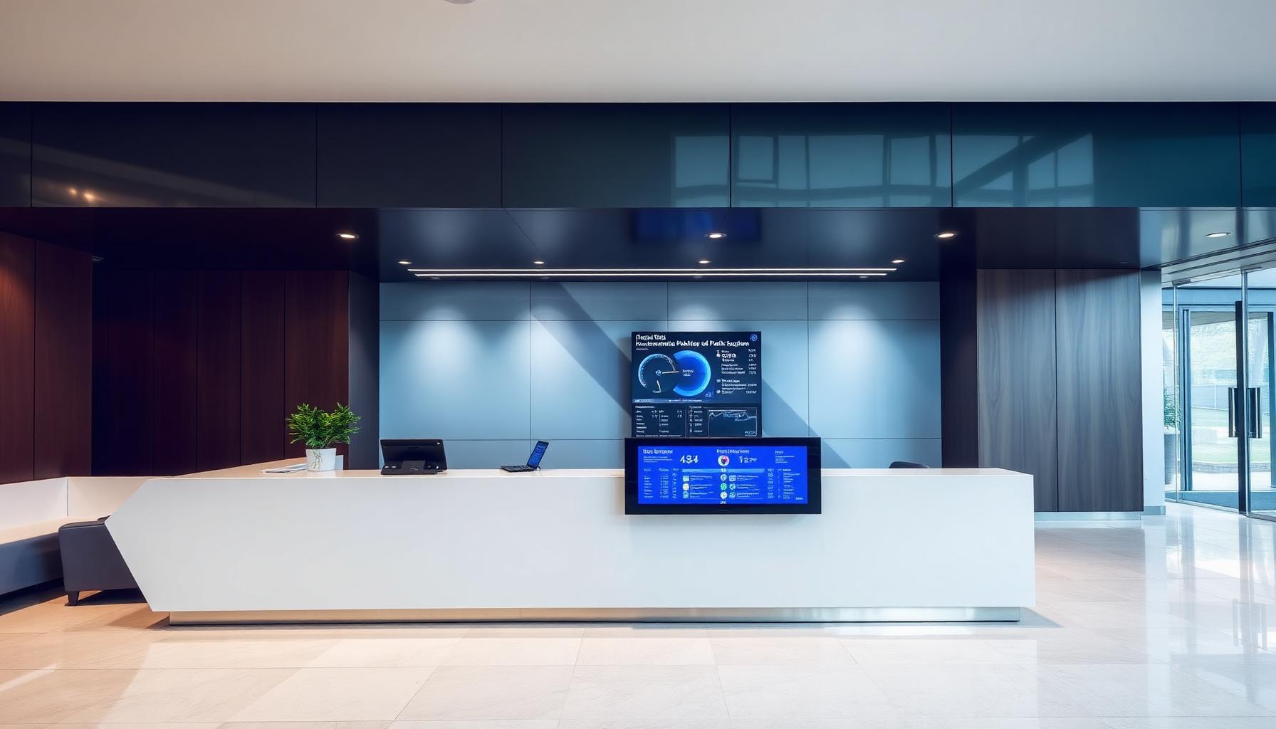 Modern building lobby with digital dashboard screen
