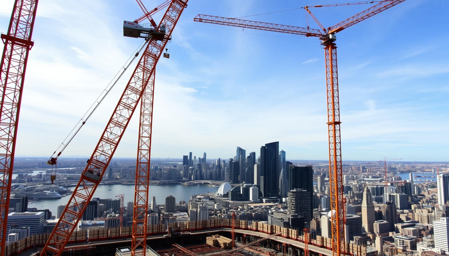 Busy urban construction site with cranes and city skyline