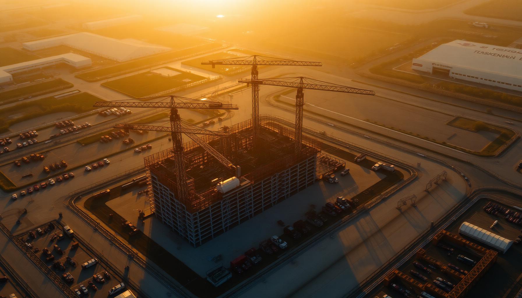 Cinematic aerial view of construction project at sunset