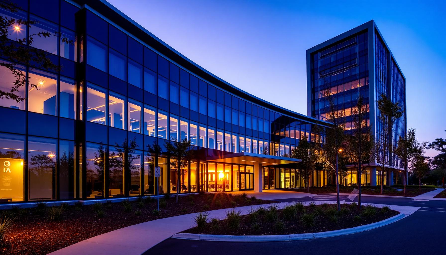 Modern Australian corporate office building at twilight