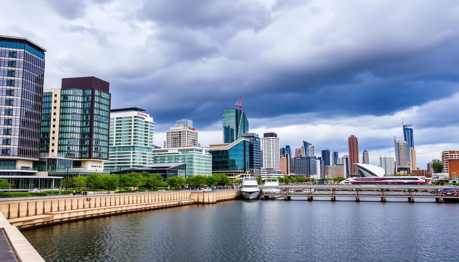 Docklands precinct Melbourne with waterfront buildings