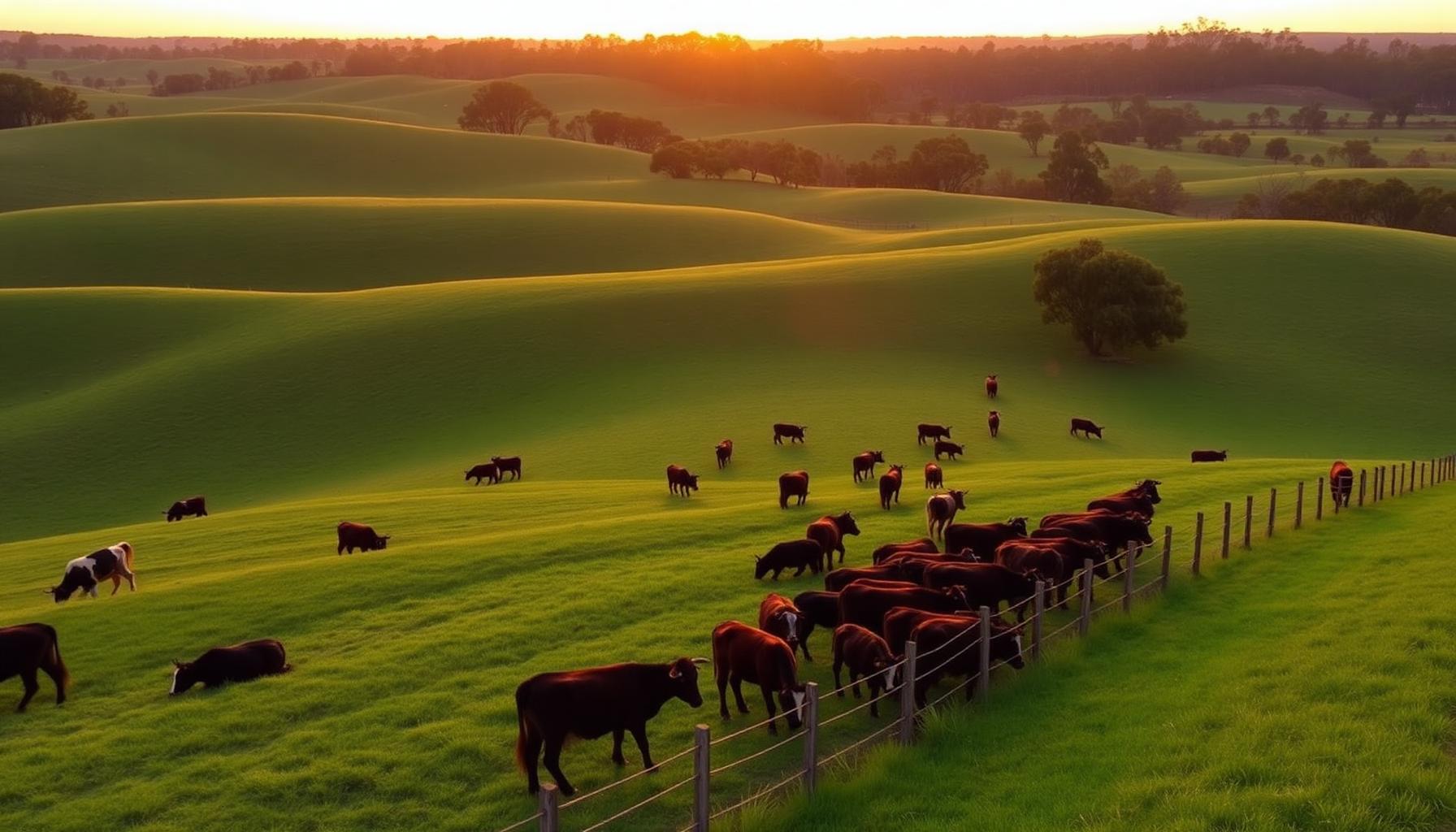 Australian cattle farm at sunrise with rolling green hills