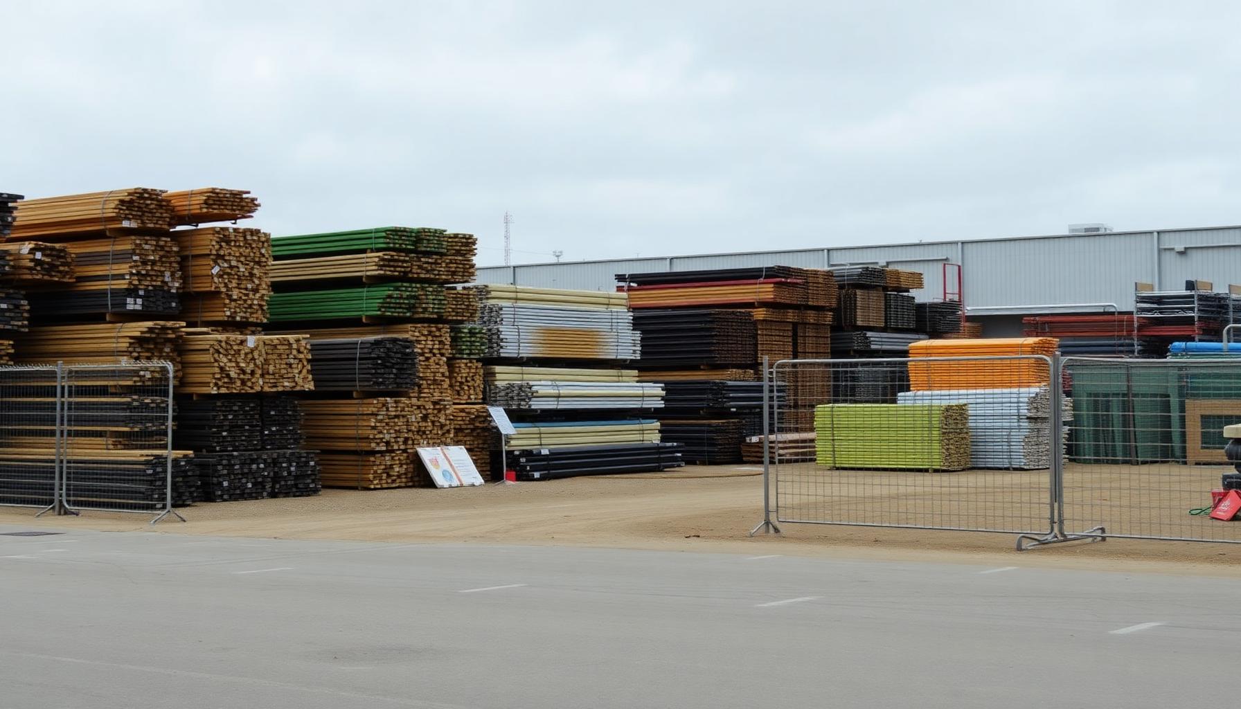 Construction site material storage yard with building supplies