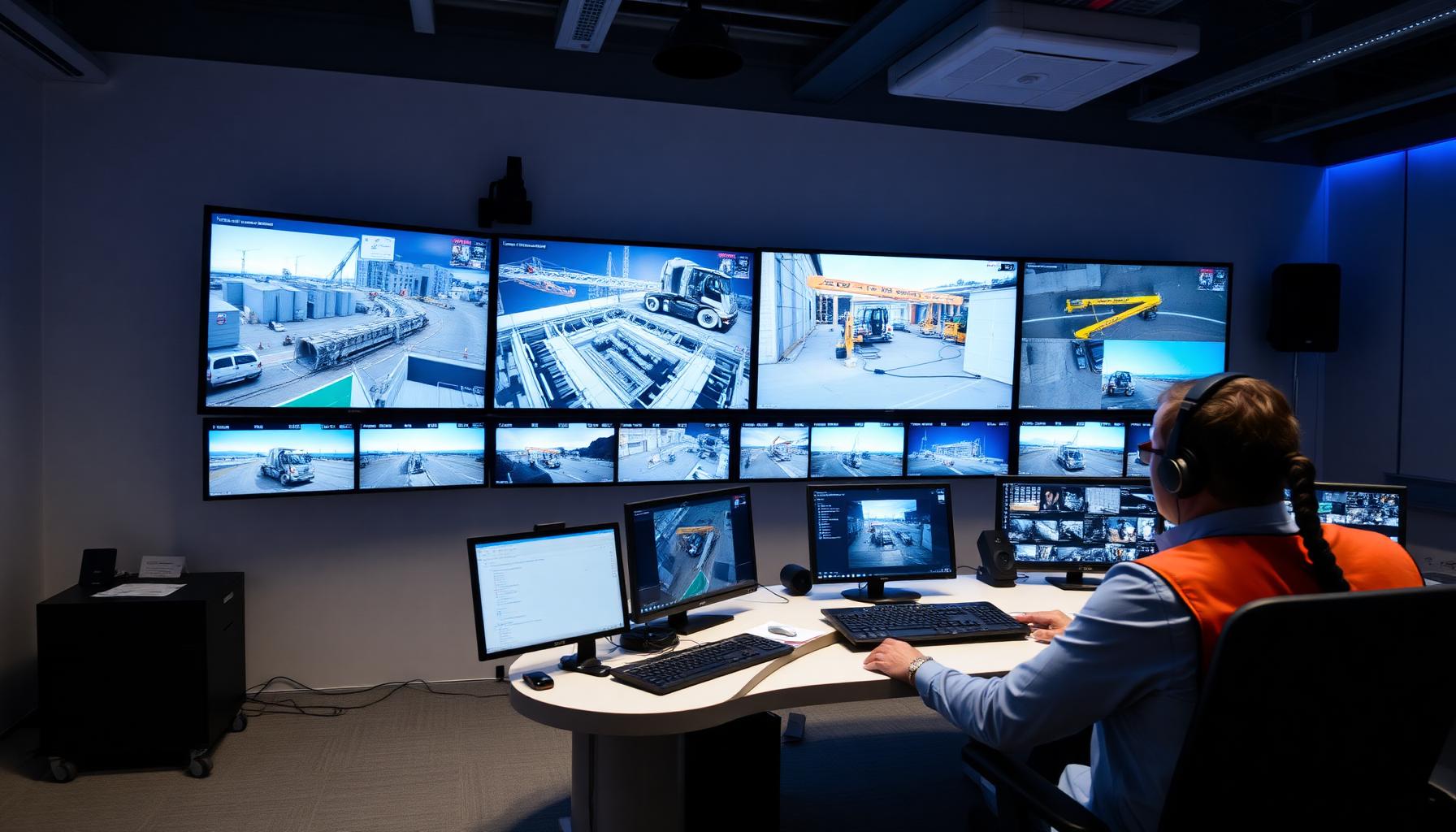 High-tech construction site control room with monitoring screens