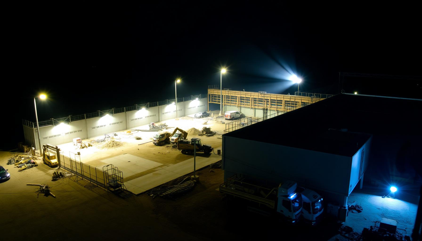 Night view of well-lit construction site with floodlights