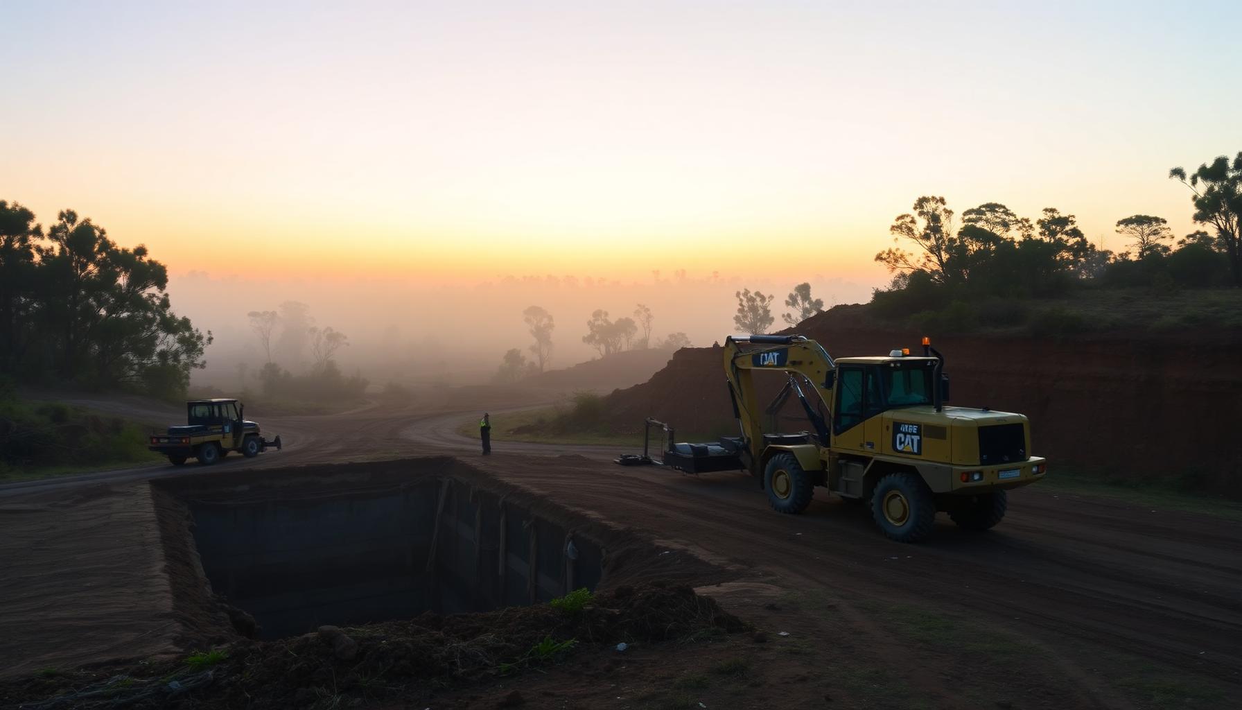Remote construction site at dawn with earthmoving equipment