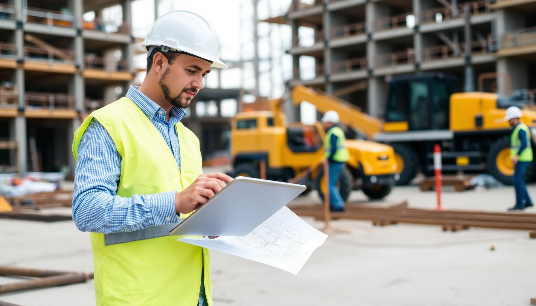 Site manager reviewing blueprints on tablet at construction site