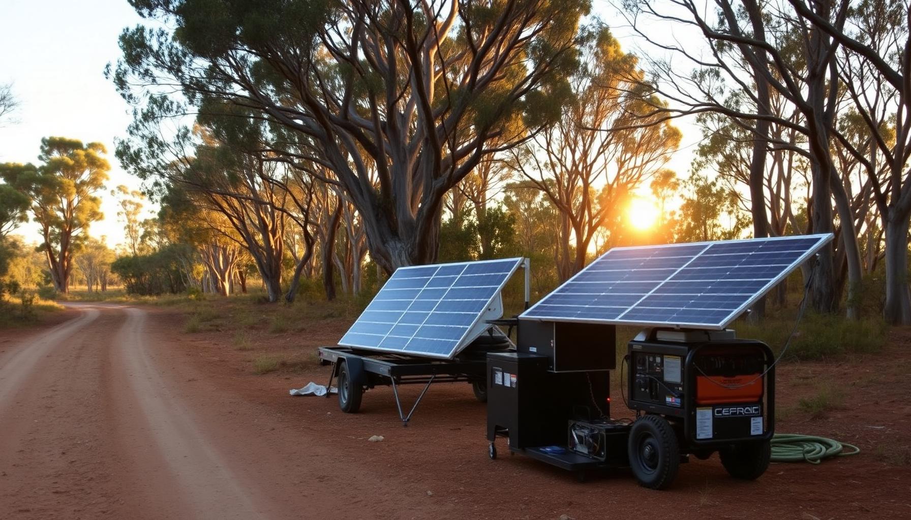 Remote off-grid Australian worksite with solar panels in bushland