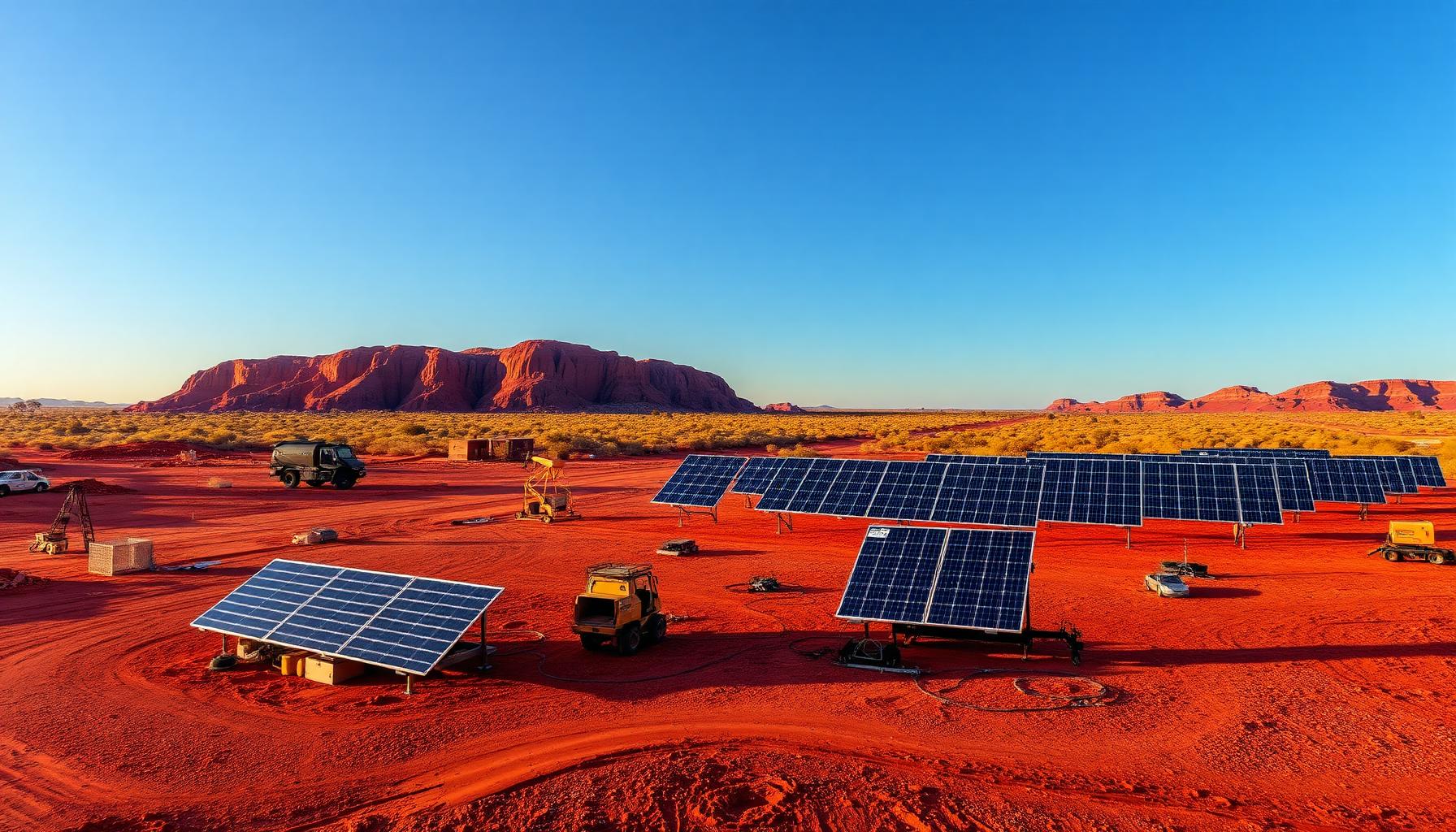 Australian outback construction site with solar panels at golden hour
