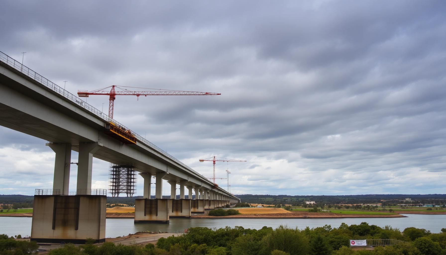 Australian bridge construction over a river with dramatic sky