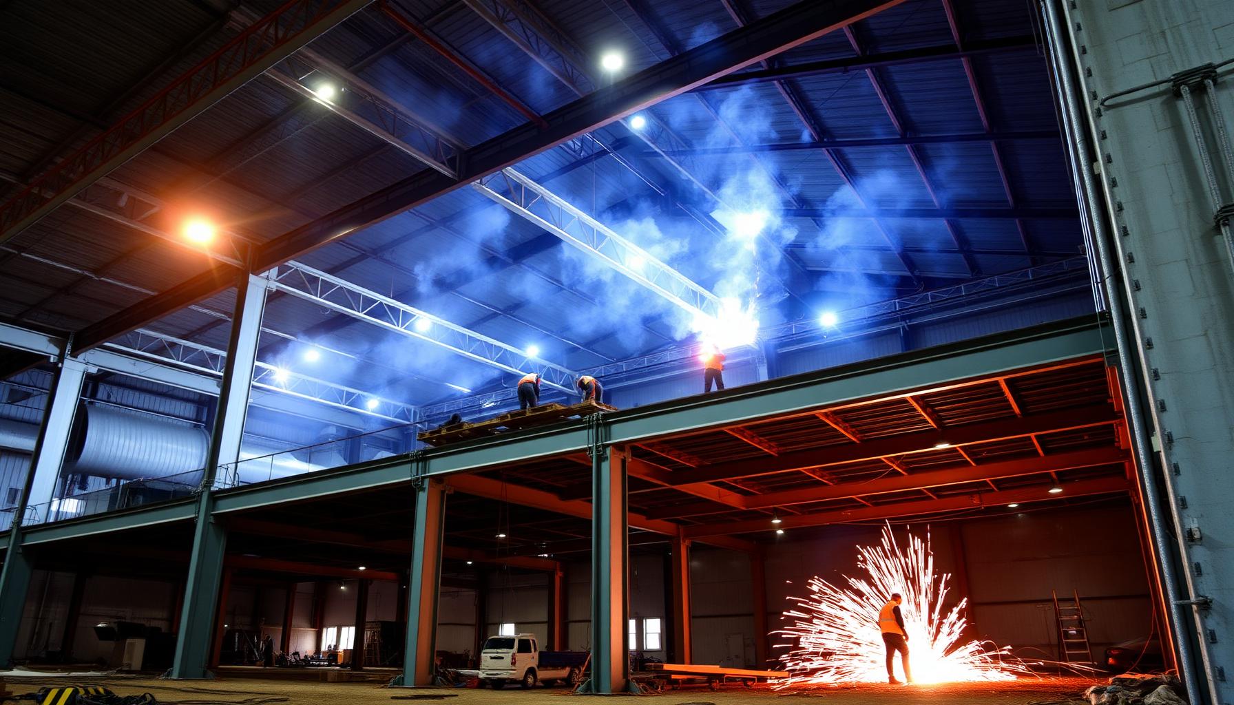 Industrial construction site with steel framework and welding sparks